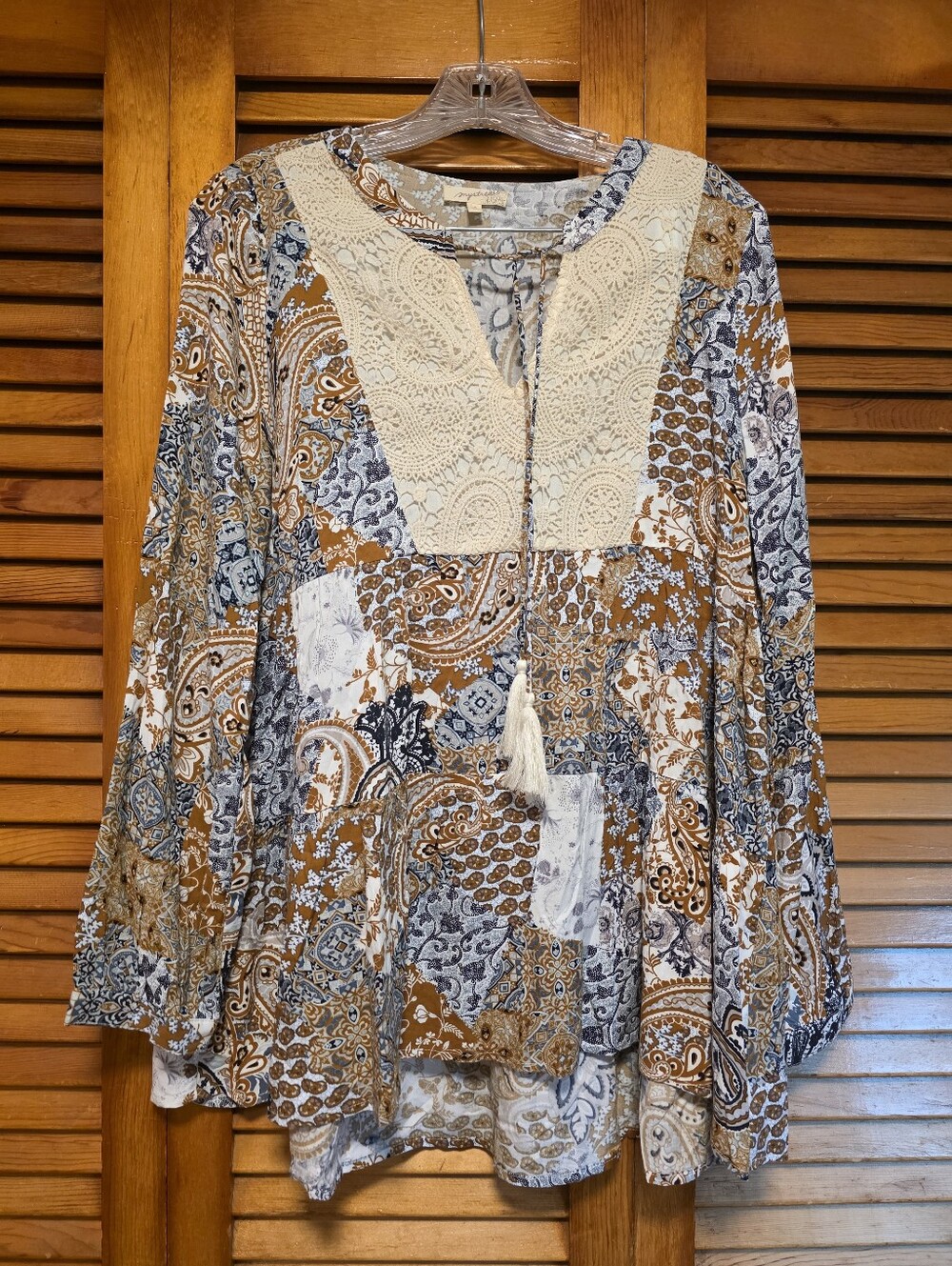 Mystree Boho Patchwork Paisley Peasant Blouse Crochet Lace Tassel Rayon Boho M